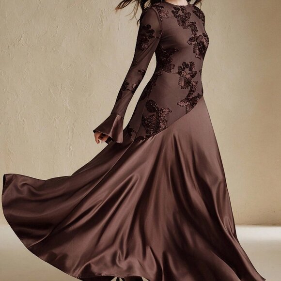 Deep Brown Elegant Women's Floral embroidered bodice with Bell Sleeve Maxi Dress - Picture 5 of 7